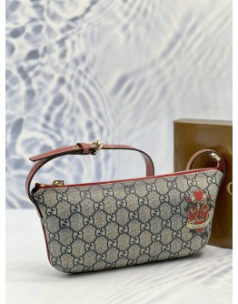 GUCCI TATTOO BAGUETTE SHOULDER BAG IN BLUE GG SUPREME CANVAS WITH RED CALFSKIN LEATHER