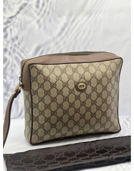 GUCCI CLUTCH IN BEIGE GG SUPREME CANVAS WITH BROWN LEATHER