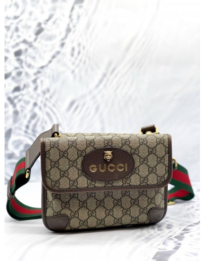 GUCCI NEO SMALL VINTAGE BELT BAG IN BEIGE GG SUPREME CANVAS WITH DARK BROWN LEATHER
