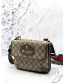 GUCCI NEO SMALL VINTAGE BELT BAG IN BEIGE GG SUPREME CANVAS WITH DARK BROWN LEATHER
