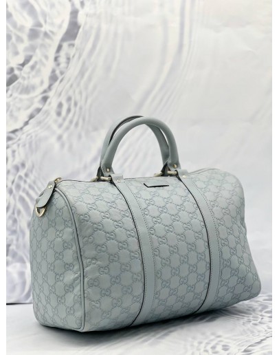 GUCCI MEDIUM JOY BOSTON TOP HANDLE BAG IN LIGHT BLUE GG GUCCISSIMA LEATHER