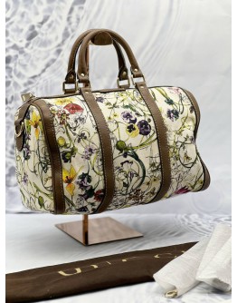 GUCCI MEDIUM JOY INFINITY FLORA BOSTON TOP HANDLE BAG IN MULTICOLOR FLORA PRINT CANVAS WITH DARK BROWN CALFSKIN LEATHER