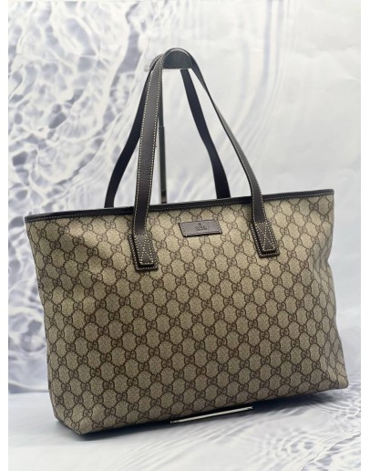 GUCCI TOTE BAG IN BEIGE GG SUPREME CANVAS WITH DARK BROWN CALFSKIN LEATHER