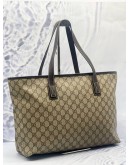 GUCCI TOTE BAG IN BEIGE GG SUPREME CANVAS WITH DARK BROWN CALFSKIN LEATHER