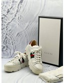 GUCCI ACE BEE PLATFORM SNEAKERS SIZE 38 IN WHITE WITH THE WEB STRIPE AND EMBROIDERED GOLD BEE DEATIL -FULL SET-