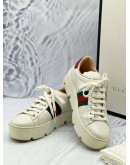 GUCCI ACE BEE PLATFORM SNEAKERS SIZE 38 IN WHITE WITH THE WEB STRIPE AND EMBROIDERED GOLD BEE DEATIL -FULL SET-