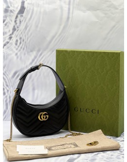 (LIKE NEW) GUCCI GG MARMONT SMALL HALF MOON SHOULDER BAG IN BLACK MATELASSE CHEVRON LEATHER -FULL SET-