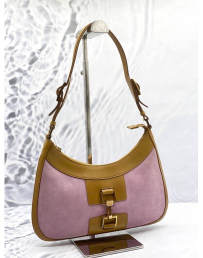 GUCCI JACKIE SHOULDER BAG IN PINK SUEDE WITH TAN LEATHER