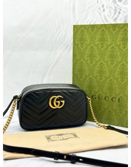 GUCCI GG MARMONT SMALL CAMERA CROSSBODY BAG IN BLACK MATELASSE CHEVRON LEATHER -FULL SET-