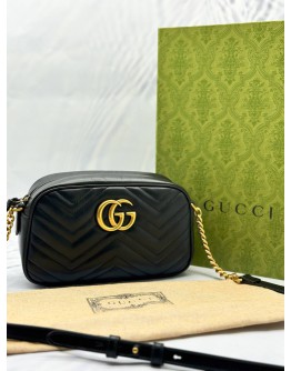GUCCI GG MARMONT SMALL CAMERA CROSSBODY BAG IN BLACK MATELASSE CHEVRON LEATHER -FULL SET-