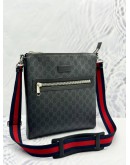 (LIKE NEW) GUCCI MESSENGER BAG IN BLACK GG SUPREME CANVAS AND CALFSKIN LEATHER WITH NAVY BLUE AND RED WEB STRIPE