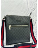 (LIKE NEW) GUCCI MESSENGER BAG IN BLACK GG SUPREME CANVAS AND CALFSKIN LEATHER WITH NAVY BLUE AND RED WEB STRIPE