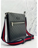 (LIKE NEW) GUCCI MESSENGER BAG IN BLACK GG SUPREME CANVAS AND CALFSKIN LEATHER WITH NAVY BLUE AND RED WEB STRIPE