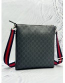 (LIKE NEW) GUCCI MESSENGER BAG IN BLACK GG SUPREME CANVAS AND CALFSKIN LEATHER WITH NAVY BLUE AND RED WEB STRIPE
