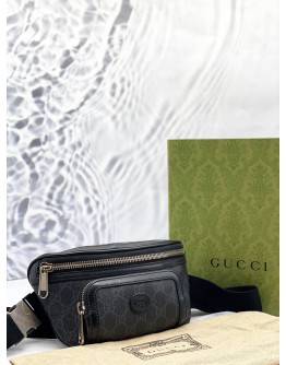 GUCCI BELT BAG IN BLACK GG SUPREME CANVAS WITH CALFSKIN LEATHER 