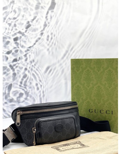 GUCCI BELT BAG IN BLACK GG SUPREME CANVAS WITH CALFSKIN LEATHER 