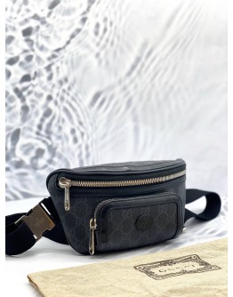 GUCCI BELT BAG IN BLACK GG SUPREME CANVAS WITH CALFSKIN LEATHER 