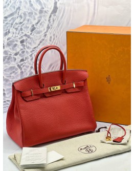 (LIKE NEW) HERMES BIRKIN 35 IN RED TOGO LEATHER -FULL SET-