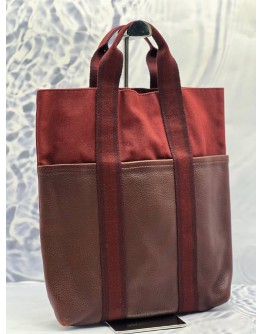 HERMES FOURRE TOUT CABAS TOTE BAG IN BURGUNDY CANVAS WITH BROWN LEATHER