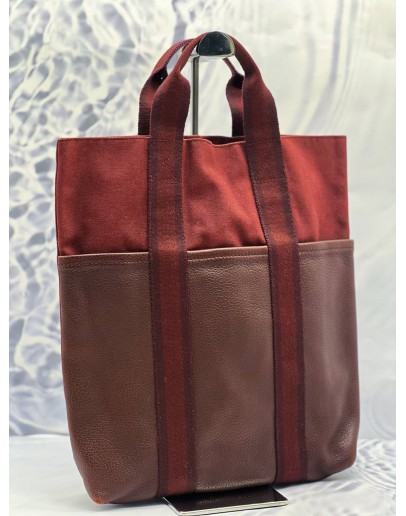HERMES FOURRE TOUT CABAS TOTE BAG IN BURGUNDY CANVAS WITH BROWN LEATHER