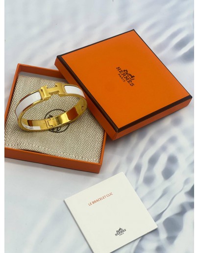 (UNUSED) HERMES CLIC H BRACELET IN GOLD PLATED WITH WHITE ENAMEL -FULL SET-