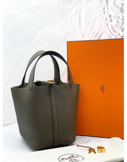 (UNUSED) 2026 HERMES PICOTIN 18 IN VERT OLIVE CLEMENCE LEATHER -FULL SET- 