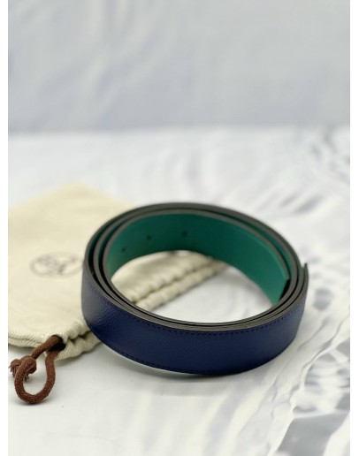 (LIKE NEW) HERMES REVERSIBLE BELT SIZE 100CM IN BLUE EPSOM LEATHER WITH GREEN ODYSSEE LEATHER