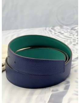(LIKE NEW) HERMES REVERSIBLE BELT SIZE 100CM IN BLUE EPSOM LEATHER WITH GREEN ODYSSEE LEATHER