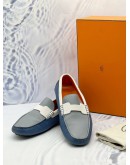 (LIKE NEW) HERMES KENNEDY LOAFERS SIZE 43 IN BLUE WITH WHITE EPSOM LEATHER -FULL SET-