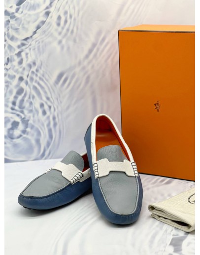 (LIKE NEW) HERMES KENNEDY LOAFERS SIZE 43 IN BLUE WITH WHITE EPSOM LEATHER -FULL SET-