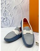 (LIKE NEW) HERMES KENNEDY LOAFERS SIZE 43 IN BLUE WITH WHITE EPSOM LEATHER -FULL SET-