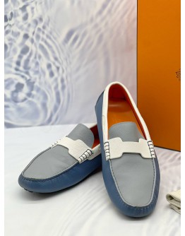 (LIKE NEW) HERMES KENNEDY LOAFERS SIZE 43 IN BLUE WITH WHITE EPSOM LEATHER -FULL SET-
