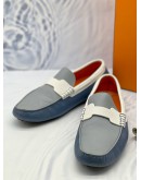 (LIKE NEW) HERMES KENNEDY LOAFERS SIZE 43 IN BLUE WITH WHITE EPSOM LEATHER -FULL SET-