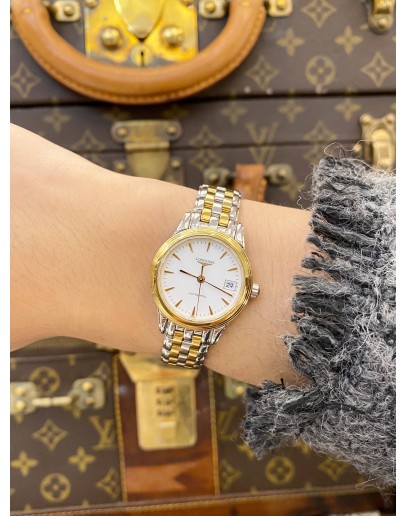 (LIKE NEW) 2024 LONGINES FLAGSHIP LADIES TWO TONE YELLOW GOLD PLATED REF L4.274.3 WHITE DIAL 26MM AUTOMATIC WATCH 