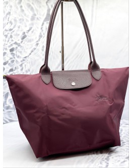 LONGCHAMP LE PLIAGE LARGE SHOULDER BAG IN BURGUNDY CANVAS WITH LEATHER