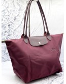 LONGCHAMP LE PLIAGE LARGE SHOULDER BAG IN BURGUNDY CANVAS WITH LEATHER