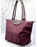 LONGCHAMP LE PLIAGE LARGE SHOULDER BAG IN BURGUNDY CANVAS WITH LEATHER