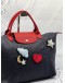 LONGCHAMP LIMITED EDITION LE PLIAGE CUIR BADGES BAG IN NAVY BLUE WITH RED LEATHER