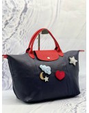 LONGCHAMP LIMITED EDITION LE PLIAGE CUIR BADGES BAG IN NAVY BLUE WITH RED LEATHER