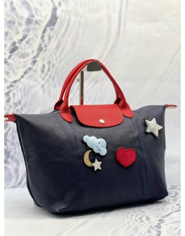 LONGCHAMP LIMITED EDITION LE PLIAGE CUIR BADGES BAG IN NAVY BLUE WITH RED LEATHER