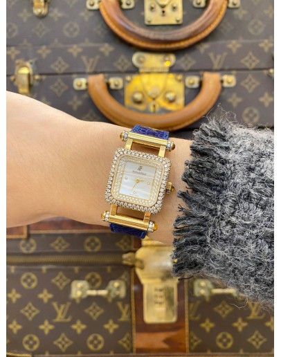 (UNUSED) AP AUDEMARS PIGUET DEVA 18K 750 YELLOW GOLD FACTORY DIAMOND REF 67421BA MOTHER OF PEARL DIAL 25MM QUARTZ WATCH