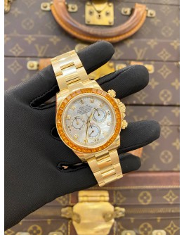 (LIKE NEW) 2020 ROLEX DAYTONA ORANGE SAPPHIRE FACTORY DIAMOND SUPER VIP LIMITED EDITION 2026 SERVICE REF 116578SACO MOTHER OF PEARL DIAMOND DIAL 40MM AUTOMATIC WATCH -FULL SET-