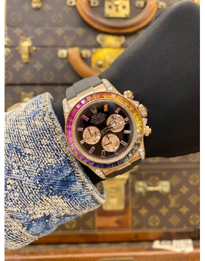 (LIKE NEW) 2015 ROLEX DAYTONA REF 116518 18K 750 ROSE GOLD (UPGRADED 116595RBOW RAINBOW SAPPHIRE) BLACK DIAL 40MM AUTOMATIC WATCH