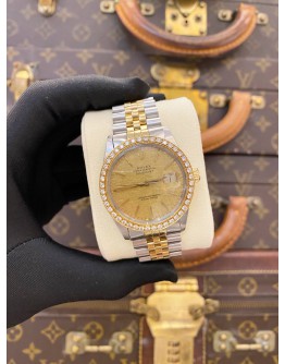 ROLEX DATEJUST 36 HALF 18K 750 YELLOW GOLD REF 16014 DIAMOND BEZEL GOLD DIAL 36MM AUTOMATIC WATCH
