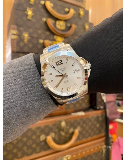 (UNUSED) (FULL STICKER) 2018 LONGINES CONQUEST REF L3.677.4.76.6 WHITE DIAL 41MM AUTOMATIC WATCH -FULL SET-