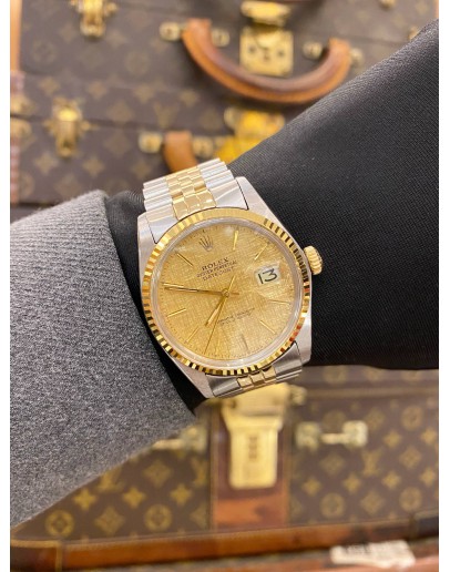 ROLEX DATEJUST 36 HALF 18K 750 YELLOW GOLD JUBILEE REF 16013 GOLD CHAMPAGNE LINEN DIAL 36MM AUTOMATIC WATCH