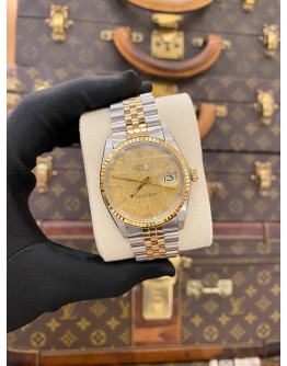 ROLEX DATEJUST 36 HALF 18K 750 YELLOW GOLD JUBILEE REF 16013 GOLD CHAMPAGNE LINEN DIAL 36MM AUTOMATIC WATCH