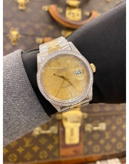 ROLEX DATEJUST 36 HALF 18K 750 YELLOW GOLD DIAMOND BEZEL JUBILEE REF 16013 GOLD CHAMPAGNE LINEN DIAL 36MM AUTOMATIC WATCH