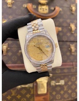 ROLEX DATEJUST 36 HALF 18K 750 YELLOW GOLD DIAMOND BEZEL JUBILEE REF 16013 GOLD CHAMPAGNE LINEN DIAL 36MM AUTOMATIC WATCH