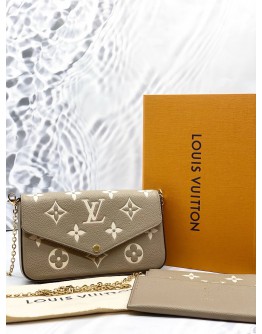 (UNUSED) MICROCHIP LOUIS VUITTON POCHETTE FELICIE IN TOURTERELLE GRAY WITH CREME MONOGRAM EMPREINTE LEATHER -FULL SET-
